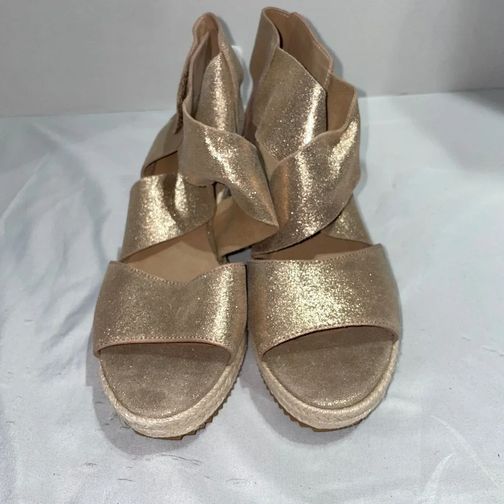 Eileen Fisher‎ Gold Metallic Suede Espadrille Wedge Sandals Womens Strappy Shoes